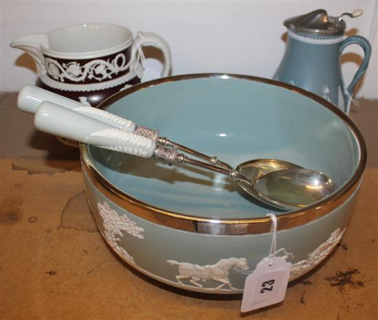 Spode relief-decorated cream & brown jug, similar Copeland blue/grey salad bowl & servers & a fern-applied jug with plated cover